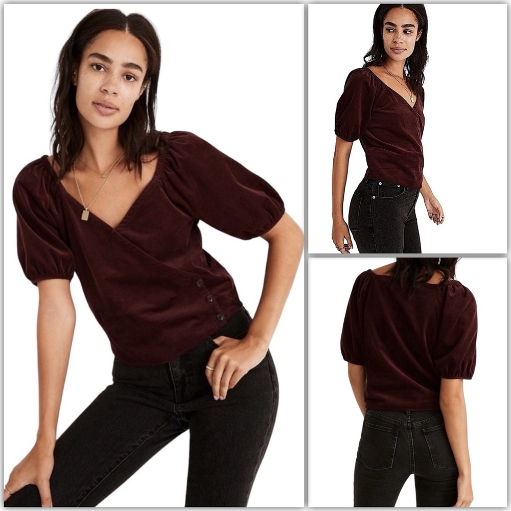 NWOT Madewell Corduroy Puff-Sleeve Wrap Top